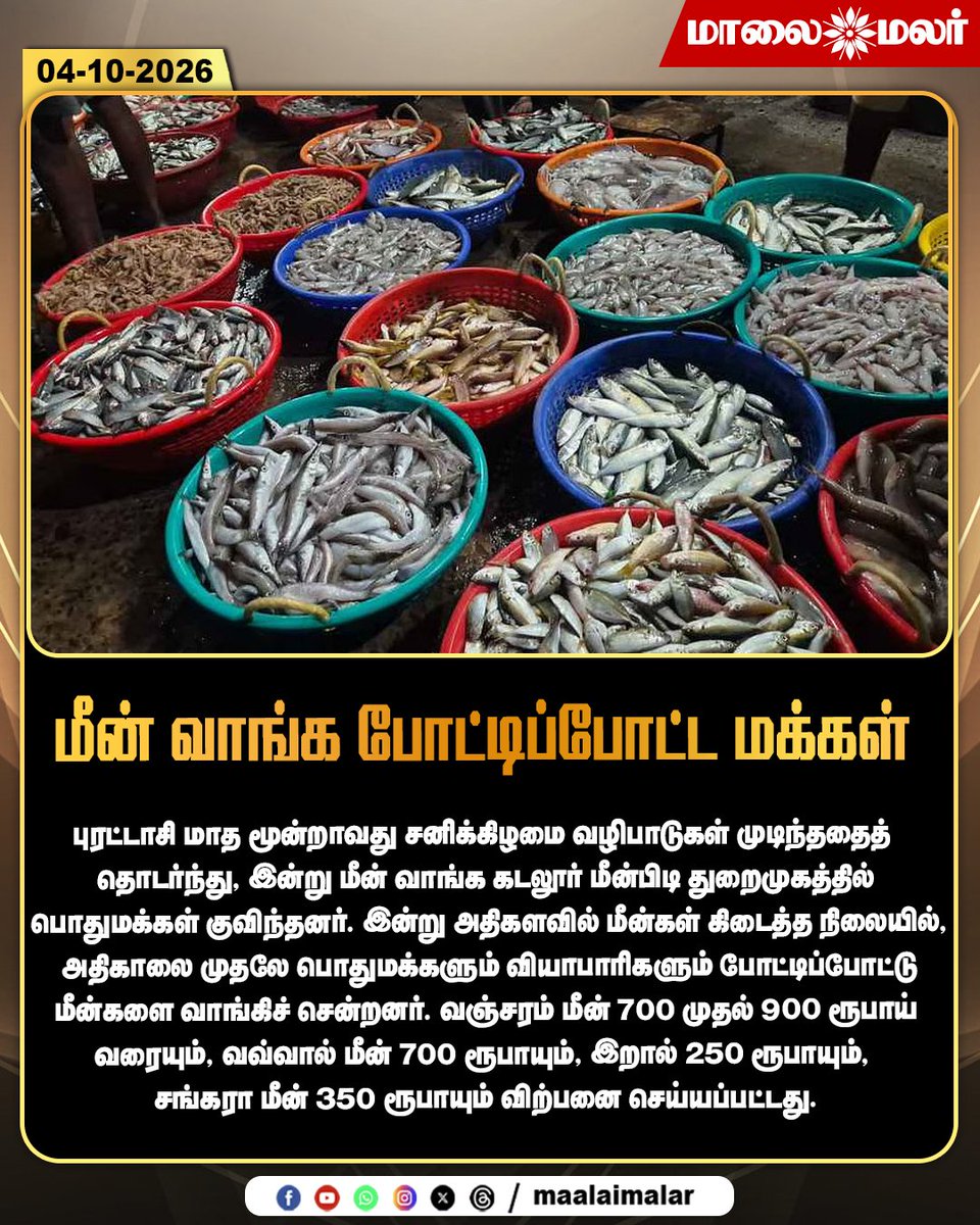 maalaimalar's tweet photo. மீன் வாங்க போட்டிப்போட்ட மக்கள்
#Cuddalore #CuddaloreFishMarket #FishMarket #FishSale #FishPrice #FishShopping #VanjaramFish #PomfretFish #Prawns #SankaraFish #TamilNadu #CuddaloreNews #TamilNews #LocalNews #Maalaimalar #MMNews https://t.co/wcjUdMjLKq