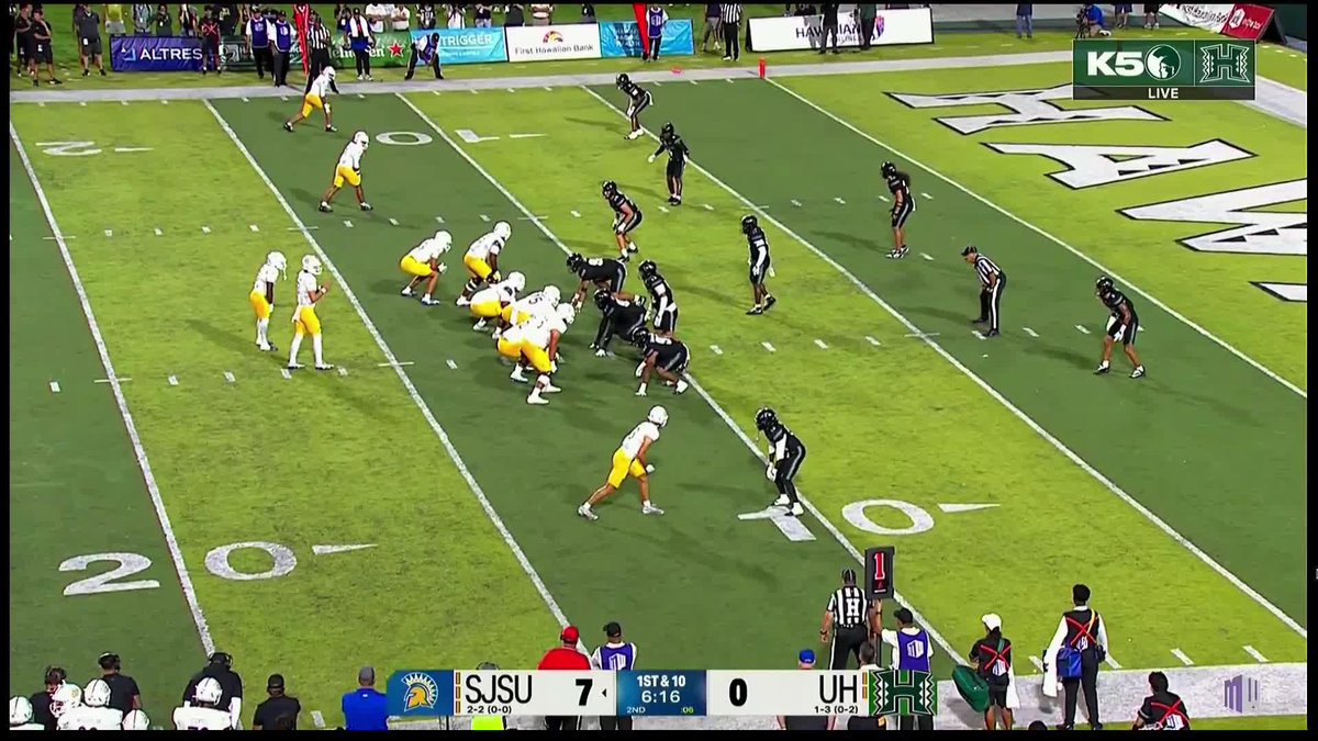 A live high school football broadcast on K5 shows a 1st & 10 play in the 2nd quarter with 6:16 remaining, where SJSU leads UH 7-0.