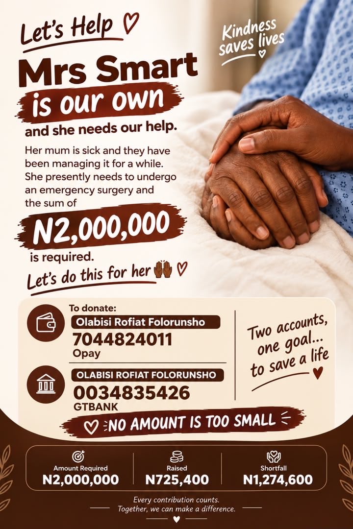 Sdhikrullahi's tweet photo. Update on Mrs Smart's mum fundraising. 

We've raised N725k on Day 1, leaving a shortfall of N1.27M. 

Please help us save her mum, our mum.

7044824011 (Opay) / 0034835426 (GTB) - Olabisi Rofiat Folorunsho

Please share even if you can’t donate at this time

No amount is too small ❤️