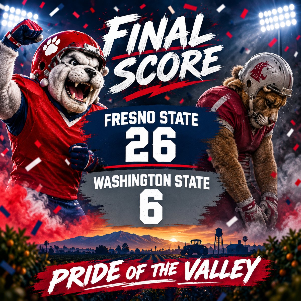 alertolite's tweet photo. Congratulations #FresnoStateBulldogs for the WIN! #FresnoStateBulldogs 26 #WashingtonStateCougars 6 #GreenV #PrideOfTheValley https://t.co/Cl0Jn5lYfT