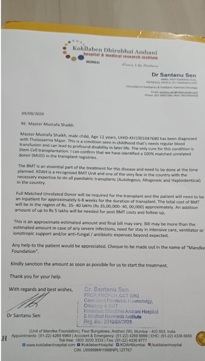 Ashrafee0055's tweet photo. 🚨 Mustafa, a child from Andheri, Mumbai, has Beta-Thalassemia Major. A matched donor is found, and his bone marrow transplant at Kokilaben Hospital can't wait. ₹45L is needed. Even ₹100 helps 🙏
https://t.co/gpfxr5giJa
#Mumbai #Thalassemia #Milaap #ambani 
@beingsalmankhan https://t.co/QSrRedC9MB