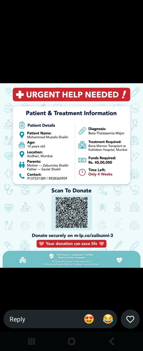 Ashrafee0055's tweet photo. 🚨 Mustafa, a child from Andheri, Mumbai, has Beta-Thalassemia Major. A matched donor is found, and his bone marrow transplant at Kokilaben Hospital can't wait. ₹45L is needed. Even ₹100 helps 🙏
https://t.co/gpfxr5giJa
#Mumbai #Thalassemia #Milaap #ambani 
@beingsalmankhan https://t.co/QSrRedC9MB