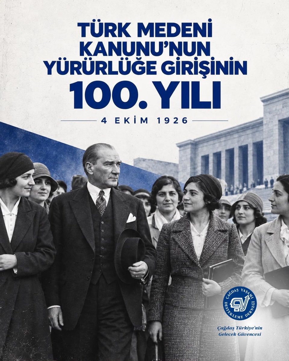 CagdasYasamDD's tweet photo. 4 Ekim 1926’da yürürlüğe giren Türk Medeni Kanunu, toplumsal yaşamı eşitlik, yurttaşlık ve ortak hukuk temelinde yeniden düzenleyen Cumhuriyet devrimlerinin en önemli adımlarından biri oldu.

Medeni Kanun ile kadınların aile, miras, mülkiyet ve boşanma başta olmak üzere temel hakları güvence altına alındı; hukuk düzenimiz laik ve çağdaş temeller üzerine kuruldu.

Yürürlüğe girişinin 100. yılında, Büyük Önderimiz Mustafa Kemal Atatürk’ün öncülüğünde gerçekleştirilen bu hukuk devriminin kazanımlarını koruma ve toplumsal yaşamın her alanında cinsiyet eşitliğini savunma kararlılığımızı yineliyoruz.