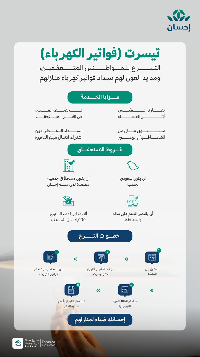 EhsanSA's tweet photo. عبر خدمة تيسرت (فواتير الكهرباء) تبرعك رحمة تنير منازل الأسر المتعففة. 

#العطاء_بإحسان