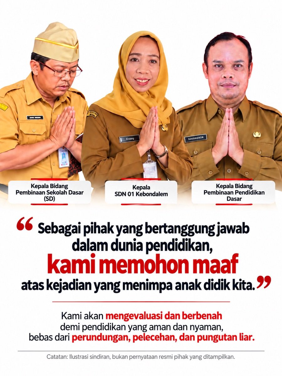 Jateng_Twit's tweet photo. Sejak kecil, kita diajarkan tiga kata sederhana yang punya makna besar: maaf, tolong, dan terima kasih. 

Namun, ketika terjadi sesuatu yang menyangkut keselamatan dan masa depan anak didik, permintaan maaf saja tentu tidak cukup. 

Harus ada evaluasi, keberanian mengakui kekurangan, dan langkah nyata untuk melakukan perbaikan. Klarifikasi boleh dilakukan, tetapi jangan sampai berhenti sebatas klarifikasi.

 Pendidikan harus menjadi ruang yang aman dan nyaman bagi setiap anak, bebas dari perundungan (bullying), pelecehan, maupun pungutan liar. 

Anak-anak tidak hanya membutuhkan nasihat tentang berperilaku baik, tetapi juga teladan tanggung jawab dari orang dewasa. Semoga setiap kejadian menjadi bahan evaluasi bersama, bukan sekadar ramai sesaat lalu dilupakan. Catatan: Visual merupakan ilustrasi sindiran, bukan pernyataan resmi dari pihak yang ditampilkan.
