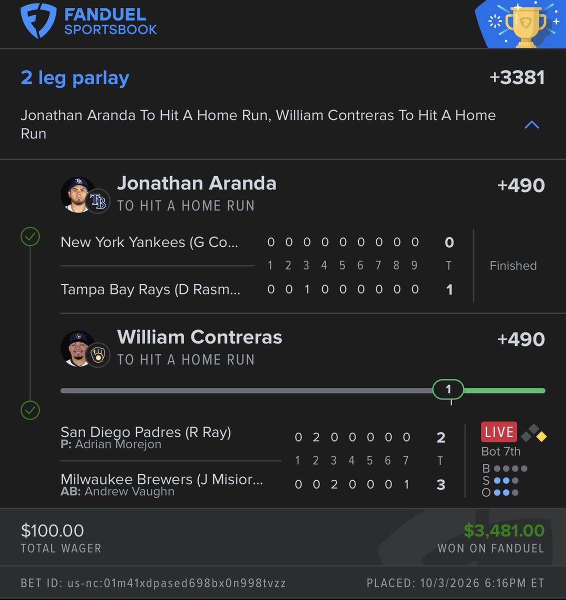 Hiroyuki_Rugger's tweet photo. we swept the board for a easy $3,000 … again.

Need Daily win? Link In My Bio to Join

✅ Jonathan Aranda
✅ William Contreras

#MLB⚾️|#NBA🏀|#CBB🏀|#Prizepicks🔐| #PROPS|#POTD📋#PARLAY|#NHL|#Picks #CSGO🔫|#WAKEANDCASH|#WNBA🏀| #Summerleague https://t.co/GCznwYgRwi