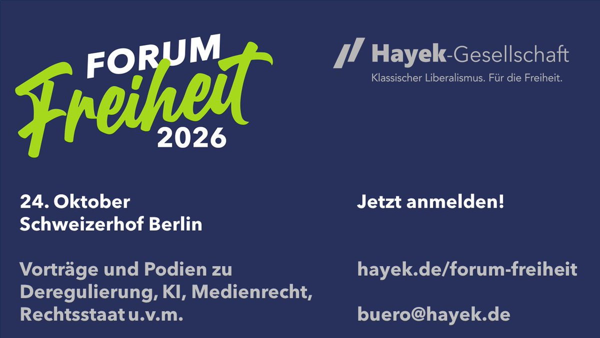 HayekSociety's tweet photo. Das kommende #ForumFreiheit wieder mit vollem Programm rund um klassisch-liberale Debatten zur Gegenwart: Parlamentarische Zukunft des #Liberalismus, Medienrecht und #ÖRR, Keynotes von Rupert Scholz (#Rechtsstaat) und @StahlHenrieke (#Coronazeit), Chancen und Risiken von #KI für eine freie Gesellschaft sowie (argentinische und andere) Lehren zur #Deregulierung. U.a. mit @katjaadler, @FraukePetry, Ralf Schuler (@drumheadberlin), @aleksteske, @welchering, @GebauerCarlosA, @keypousttchi, @gpiwinger, @JoanaCotar, @JennyJoySchuman, @NickolasEmrich und @StefanKooths.
➡️ Programm: https://t.co/IAD5Lxis6Q
➡️ Anmeldung: https://t.co/XweBn1mA3R