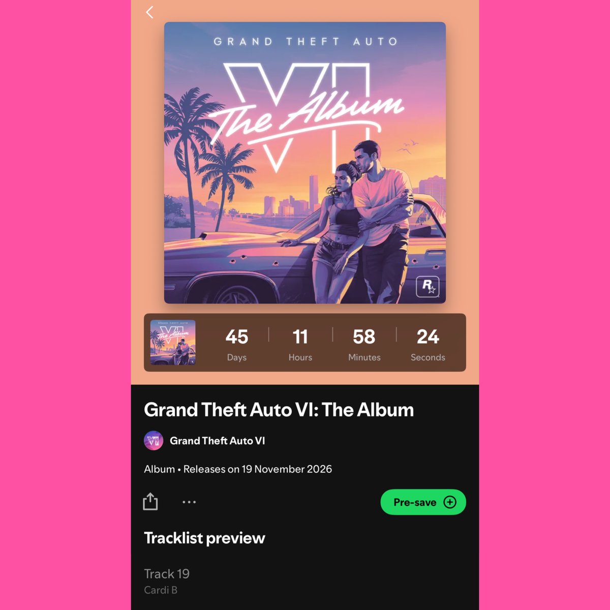 gtasix_'s tweet photo. Cardi B will be featured on GTA 6: The Album.

Spotify has revealed her as the artist behind the previously hidden Track 19.

Rockstar Games could be preparing to reveal more GTA 6 music soon.

(Via videotech) https://t.co/SAhSDeKGIW