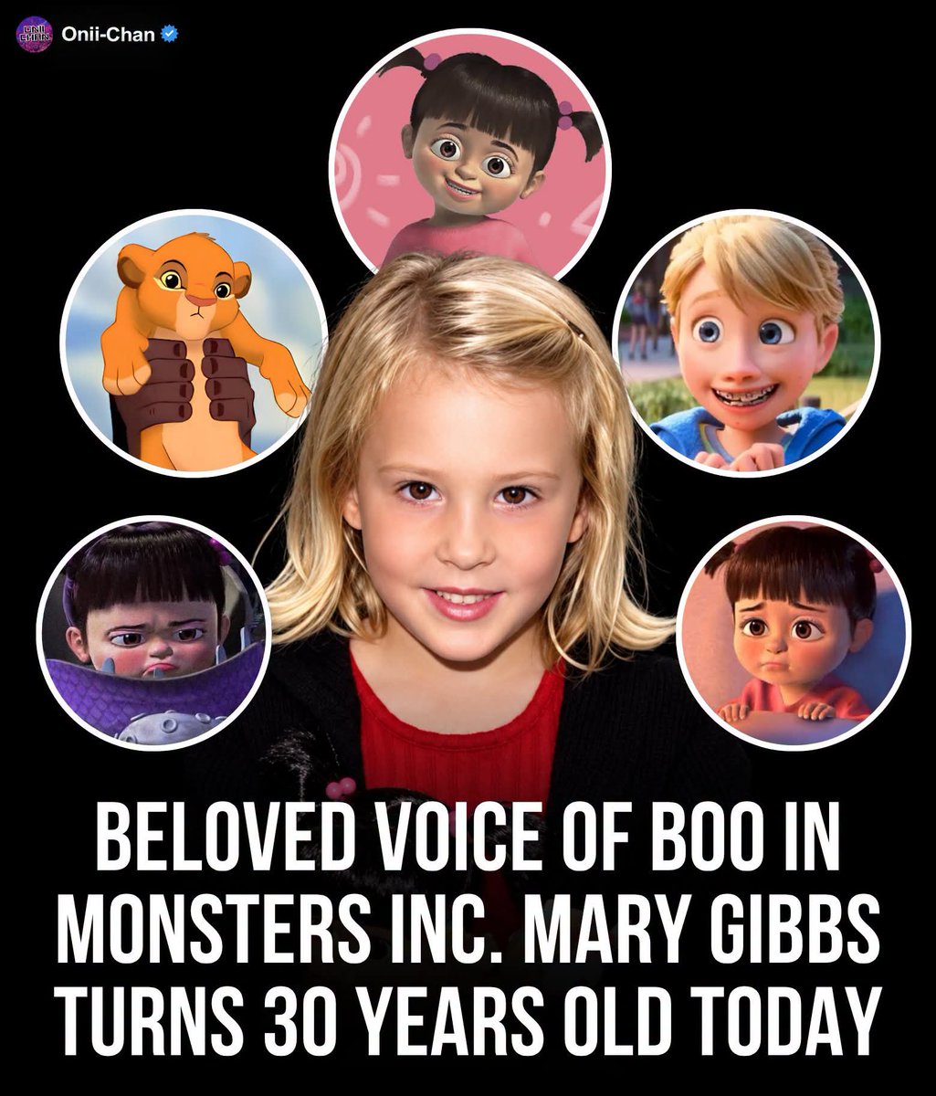 oniichanph's tweet photo. The voice behind Boo, Riley and Kira Turns 30 Years Old! 🎂🎙️

Mary Gibbs became part of Pixar history at a very young age as the voice of Boo in Monsters, Inc. Because she was only a toddler during recording, the filmmakers often followed her around with a microphone to capture her natural reactions, helping create the laughs, cries, and tiny bursts of dialogue that made Boo such a memorable character.

Her original recordings have continued to live on well beyond the film, appearing in Monsters, Inc. games, Kingdom Hearts III, and even being reused for Baby Riley in Inside Out. Gibbs later returned to voice acting as Janessa Jensen in the audio drama Heroes of Extinction, adding a new chapter to a career forever connected to one of Pixar’s most beloved characters.

Her notable roles include:
• Boo (Monsters, Inc. / related games / Kingdom Hearts III) 
• Baby Riley Andersen (Inside Out) 
• Baby Kiara (The Lion King II: Simba’s Pride) 
• Charlotte (The Last Guest) 
• Janessa Jensen (Heroes of Extinction) 
• Train Station Kid (Tracy)

Happy 30th birthday, Mary Gibbs! More than two decades after Monsters, Inc., Boo’s laughter, curiosity, and unforgettable little voice remain instantly recognizable to generations of Pixar fans. 🎂💗"
