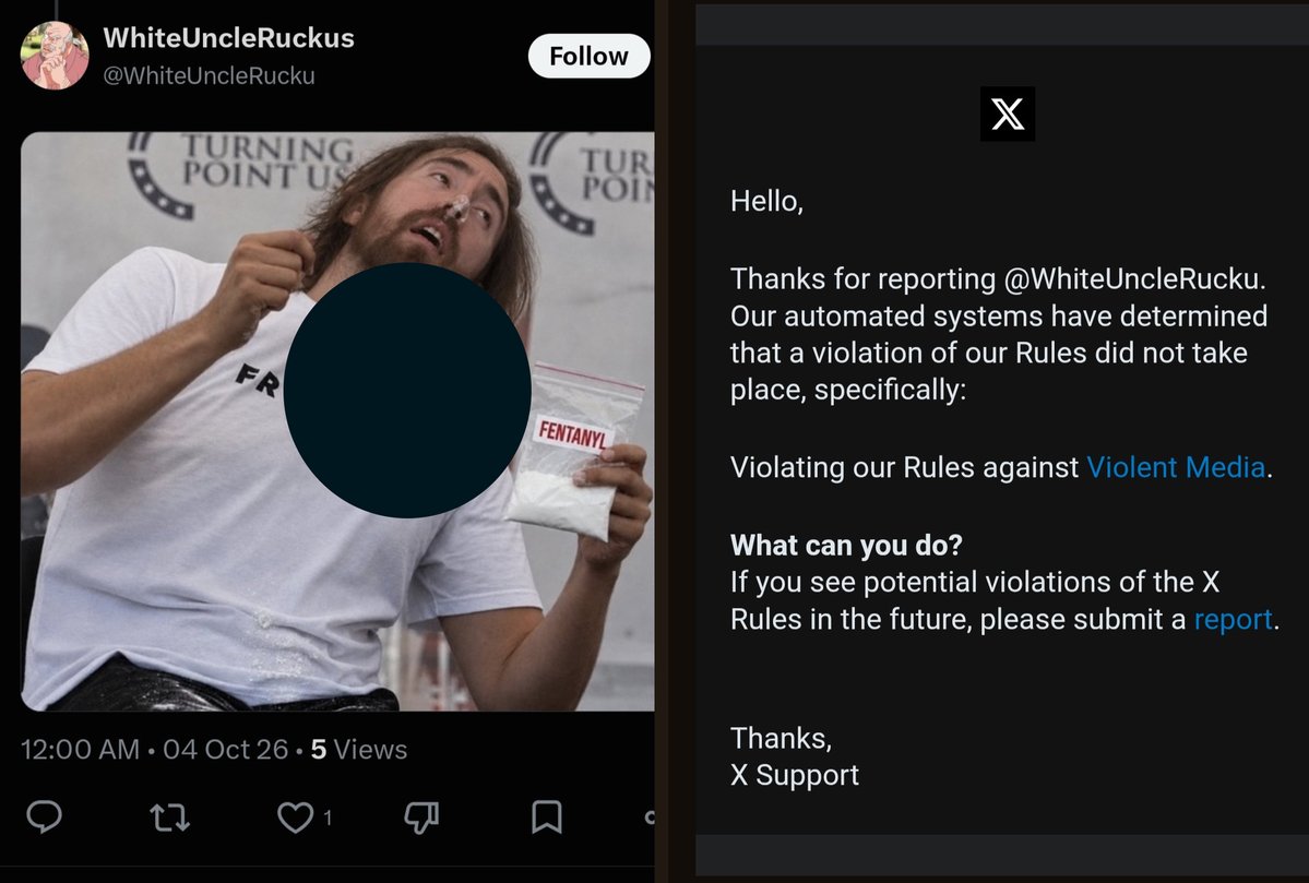 TemplarsVoice's tweet photo. I went ahead and censored it because it was so violent and disgusting... but apparently X doesn't believe an AI generated image of Asmongold being shot and killed like Charlie Kirk violates their policy on Violent Media.  It is literally the textbook definition of Violent Media. What are we doing, @elonmusk?

(Source: @Olympustabard)