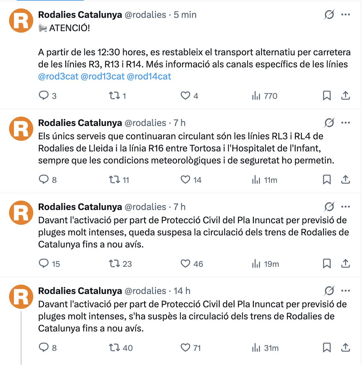AlbanoDante76's tweet photo. El país intentant recuperar la normalitat. Milions de persones intentant moure's, anar a treballar, tornar a casa... Doncs @rodalies ha fet 3 tuits en 12 hores.
(Al web l'última notícia és la suspensió del servei).
Han declarat la guerra al país. Som una colònia a espoliar. https://t.co/FMZ5cO6x4O