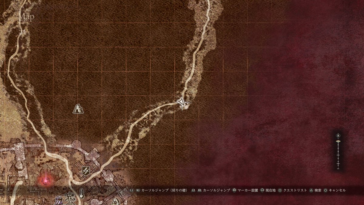 TooaGameAccount's tweet photo. #ドラゴンズドグマ2ダークアリズン 
#DD2DA
こちらは加護なき世界の試儀の扉があると予想されてる場所になります。こちらは全てフィールド上になります。(プレイヤーアイコンの場所が試儀の扉と思われる場所です) https://t.co/NkNPjtdg2w