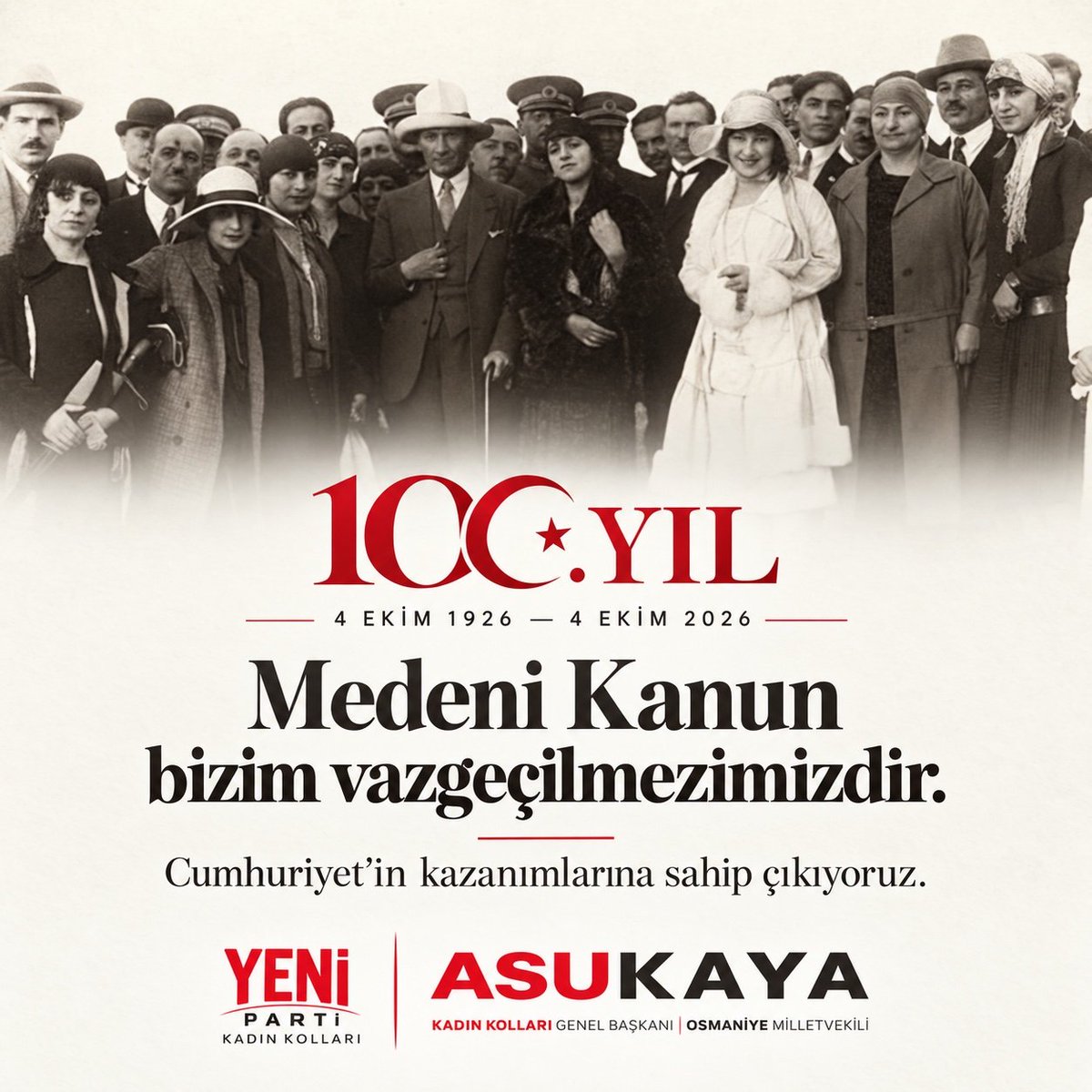 AsuKaya80TBMM's tweet photo. Medeni Kanun bizim vazgeçilmezimizdir.

100 yıl önce bugün yürürlüğe giren Türk Medeni Kanunu; resmî nikâh, tek eşlilik, mirasta eşitlik ve kadınların boşanma hakkıyla milyonlarca kadının hayatında yeni bir dönemin kapısını açtı.

Bugün bu kazanımları yalnızca anmıyor, onlara sahip çıkıyoruz. Çünkü her kadının kendi hayatı hakkında söz sahibi olması, haklarını kullanabilmesi ve geleceğe güvenle bakabilmesi bizim için vazgeçilmez.

Eşitliğin kanunlardan günlük hayata taşınması için mücadelemizi sürdürüyoruz.

Gazi Mustafa Kemal Atatürk’ü saygı ve minnetle anıyorum. Cumhuriyet’in kadınlara açtığı yolda, haklarımızı koruyarak ve güçlendirerek ilerlemeye devam edeceğiz.

#TürkMedeniKanunu