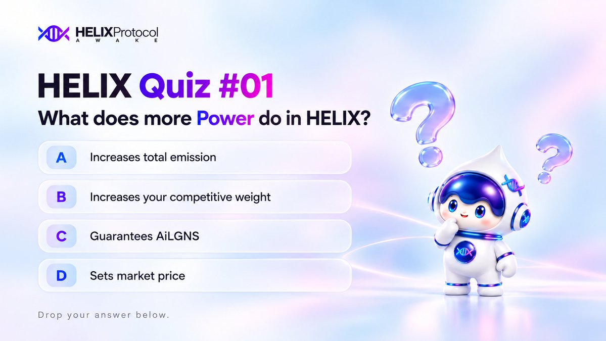 AWAKEHELIX's tweet photo. 🌀 HELIX QUIZ #01

What does more Power actually do in HELIX? ⚡️

A. Increases total protocol emission

B. Increases your competitive weight

C. Guarantees a fixed amount of AiLGNS

D. Sets the market price

👇 Drop your answer below.

#HELIXProtocol #HELIXQuiz #Web3Community https://t.co/PbqP1ADySt