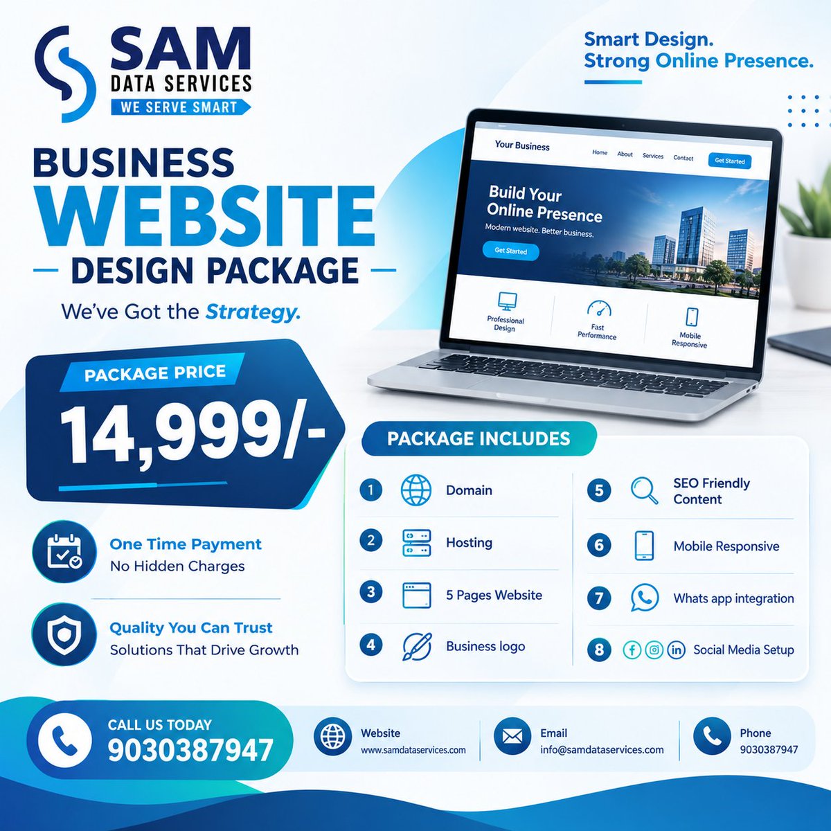 SamDataServices's tweet photo. Build your business website for ₹14,999. Get domain, hosting, 5-page website, logo, SEO content, mobile responsiveness, WhatsApp integration &amp; social media setup from Sam Data Services, Hyderabad.

#WebDesign #BusinessWebsite #Hyderabad #WebDevelopment #SamDataServices https://t.co/D5HbyFo7sL