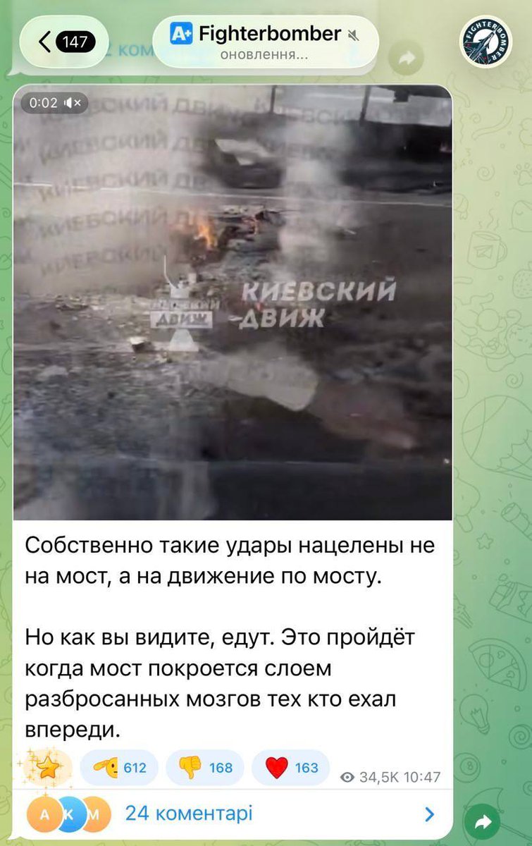 den_kazansky's tweet photo. Russia is attacking bridges in Kyiv with drones.

Ilya Tumanov, a presenter for the Russian TV channel https://t.co/3cgAWqNPm4 (funded by the Russian state budget), wrote that Russia’s goal is not to destroy bridges in Kyiv, but to kill as many random people as possible—to kill ordinary civilians crossing them.

This is classic terrorism—something no one in Russia even tries to hide anymore.

Yes, they are intentionally killing women and children; these are not mistakes or falling debris. It is a deliberate policy of genocide.

True Nazism exists in Russia today.