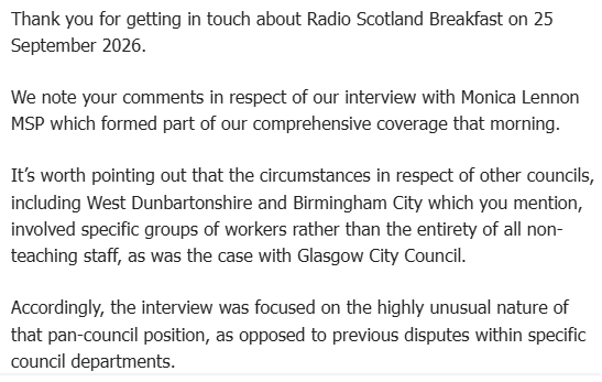 msm_monitor's tweet photo. BBC Scotland has defended not mentioning Labour examples of Fire &amp; Rehire when Monica Lennon attacked the SNP over the Glasgow Fire &amp; Rehire story because the Labour councils only involved "specific groups of workers".

Balance? Impartiality? It's a joke. https://t.co/T74KYFo8IP