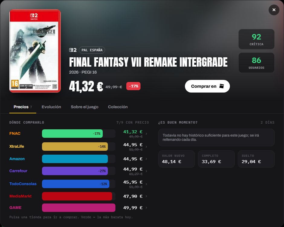 palespana's tweet photo. 🎮 Nace PAL España: compara al momento el precio de cualquier juego físico de PS4, PS5 y Switch 2 en 9 tiendas españolas (GAME, Amazon, MediaMarkt, FNAC, XtraLife…).

📉 Mínimo histórico, ofertas del día y reservas. Gratis y sin registro 👉 https://t.co/NtAQfigewV https://t.co/Ruadv3VpWp