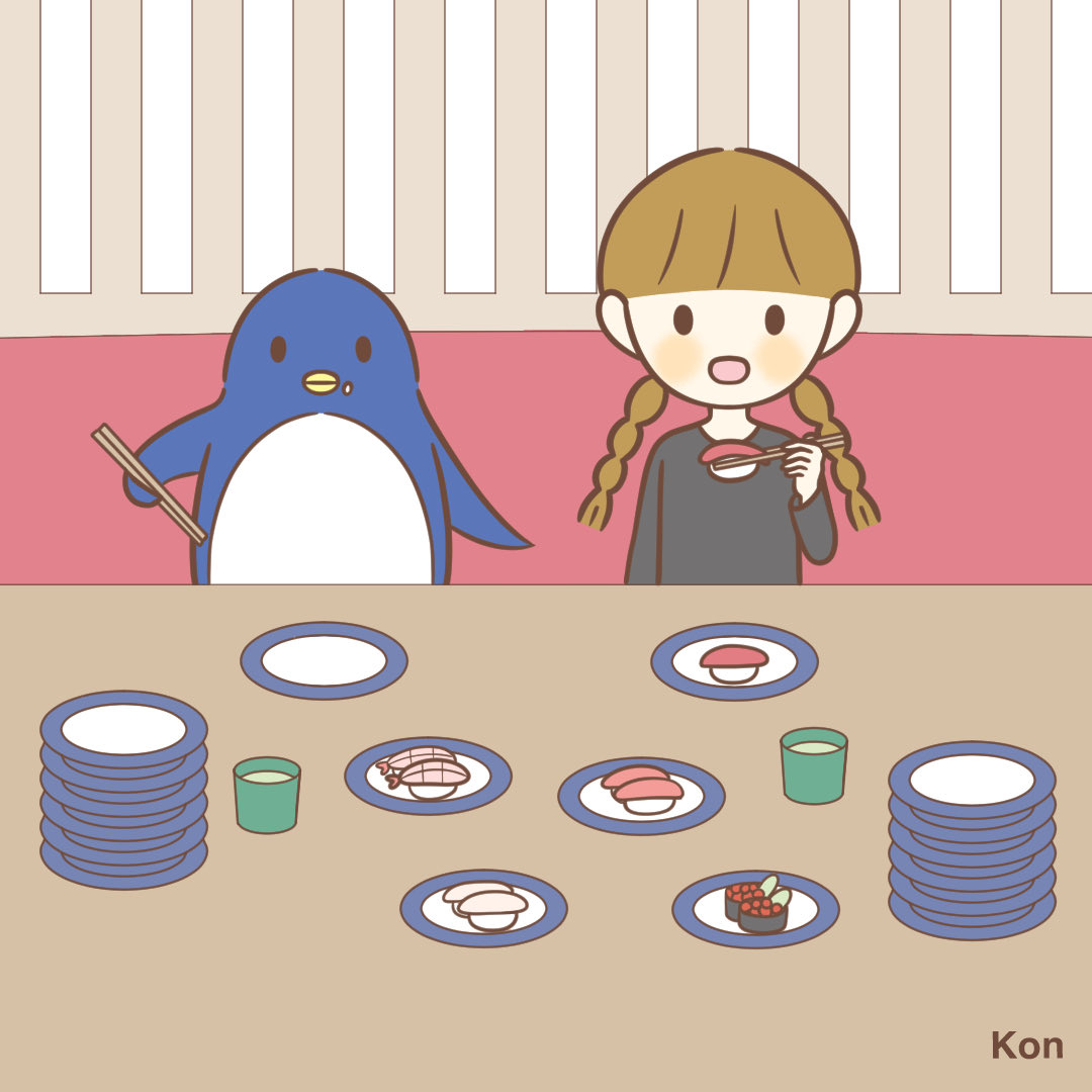 p_d_blue02's tweet photo. 「お寿司」
ペンギンと回転寿司に来ました。
#お題箱 https://t.co/2OL7AmZjfD