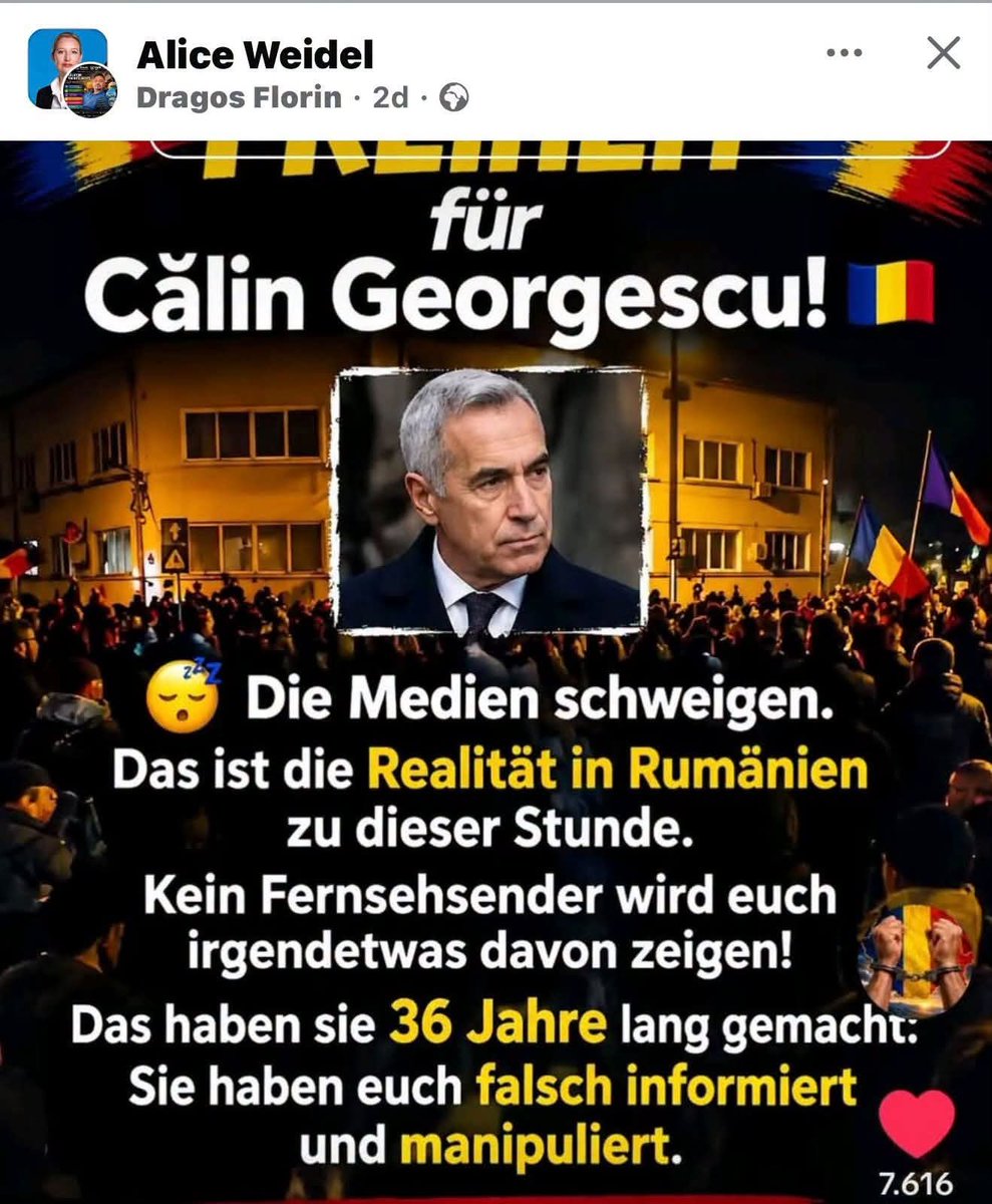 Cobra_196's tweet photo. Solidaritate în Europa pentru Călin Georgescu, Liderul Les Patriots, din Franţa, sare în apărarea lui Călin Georgescu şi cere scoaterea României din UE, Meloni în Italia oferă susținătorilor lui Călin Georgescu toate piețele din orașele Italiei pentru manifestări de susținere a acestuia. Mesaj de susținere de la AFD din Germania...