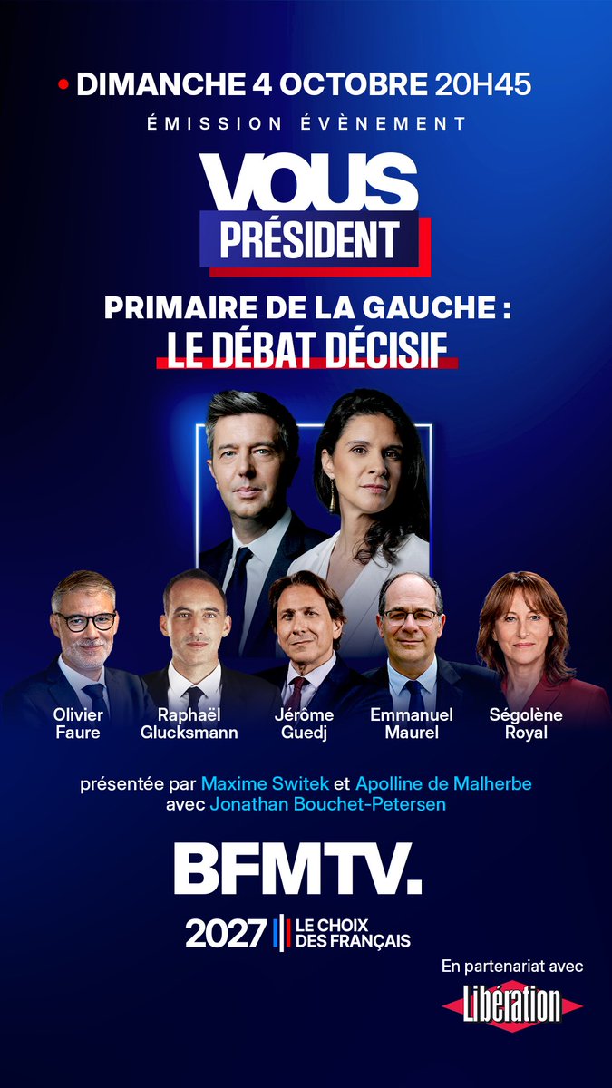 BFMTV_Inside's tweet photo. 🔴 PRIMAIRE DE LA GAUCHE : LE DÉBAT DÉCISIF

À quelques jours du vote, les 5 candidats à la primaire vont devoir convaincre… des électeurs de gauche encore indécis, présents face à eux sur le plateau.

📺« Vous Président ? », ce soir à 20h45 sur @BFMTV, en partenariat avec @libe https://t.co/WZWOoPhb6Z
