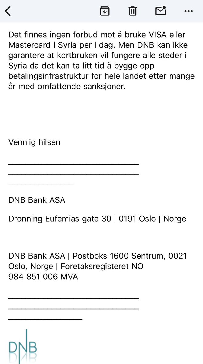 Issa_Mihesh's tweet photo. Jeg spurte DNB om Visa/Mastercard kan brukes i Syria 🇸🇾 .

Svaret: Det finnes ingen forbud mot å bruke Visa eller Mastercard i Syria 🇸🇾 per i dag.

DNB kan ikke garantere at kortene fungerer overalt, men det er altså ikke noe generelt kortforbud. https://t.co/rpPjSyeHJZ