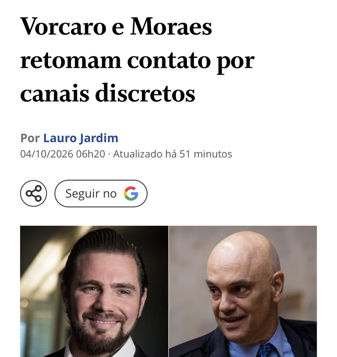 Maxcardoso's tweet photo. “Por meio de canais tão discretos quanto a situação exige, foi restabelecido o contato entre Daniel Vorcaro e Alexandre de Moraes.”  (Lauro Jardim, O Globo) https://t.co/VY2kSKlmav