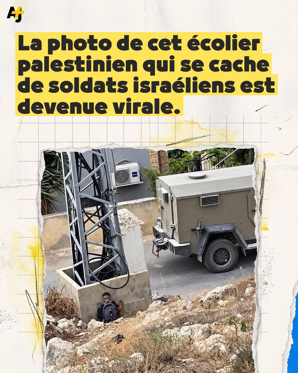 ajplusfrancais's tweet photo. Cette photo d’un écolier palestinien caché derrière un bloc de béton en Cisjordanie occupée est devenue virale. Youssef, 12 ans, rentrait de l’école lorsque des soldats israéliens menaient un raid dans son village d’Az-Zawiya.

Le garçon, cartable sur le dos, raconte s’être caché pendant une dizaine de minutes avant d’avoir été repéré. Il affirme qu’un soldat l’a alors frappé. Lorsqu’il est rentré chez lui, sa famille dit qu’il était sous le choc, avec une marque rouge en forme de main sur le visage. Depuis, Youssef a peur de retourner à l’école.