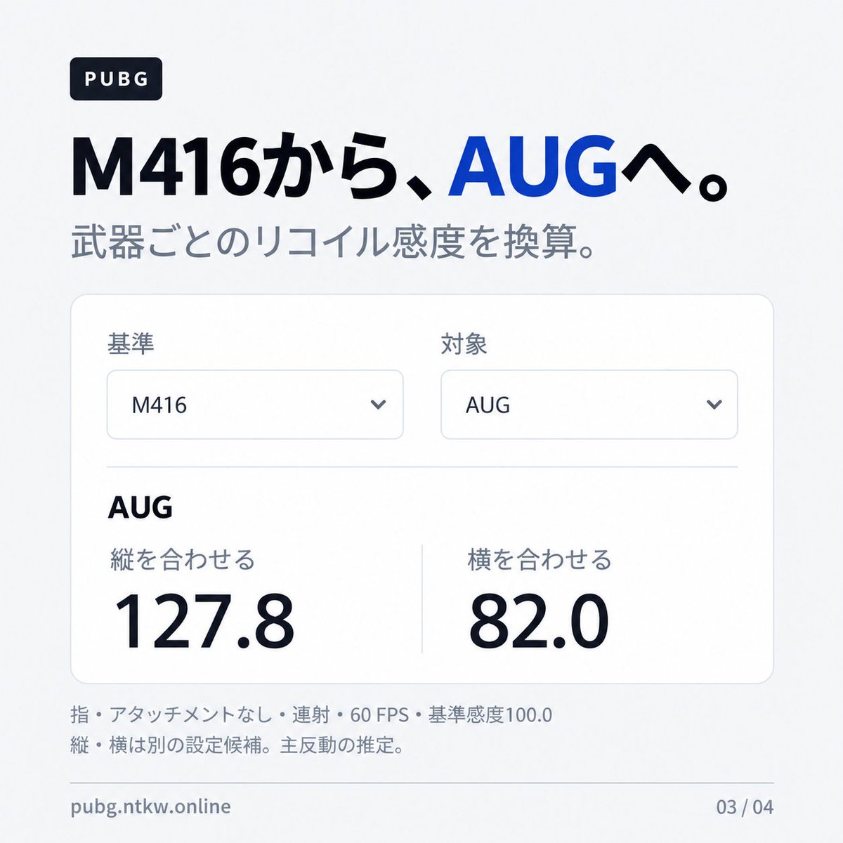murishiyou's tweet photo. 「スコープごとの感度をそろえたい」
「AUGも、使い慣れたM416に近い感覚でリコイルを抑えたい」
そんなときに、設定する感度を計算できるサイトを作りました！

指・ジャイロ、アタッチメント設定にも対応👇
https://t.co/6TlLQacGyb

#PUBGMOBILE #PUBGモバイル https://t.co/PWcKfkNoFS