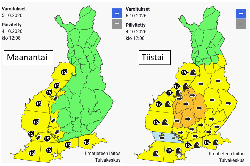 meteorologit's tweet photo. Syksyistä säätä alkavalla viikolla. Monin paikoin #sataa vettä ja #tuuli voimistuu. Tuulisin päivä tulee olemaan tiistai, ja kovimmat tuulenpuuskat painottuvat maan länsiosaan. Seuraa päivittyviä varoituksiamme: https://t.co/8yRzqDZvuC https://t.co/5azU2jLY45