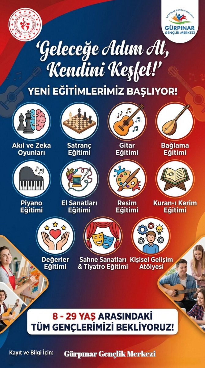 GSB_GurpinarGM's tweet photo. Akıl ve zeka oyunlarından sanata, müzikten kişisel gelişime kadar geniş bir yelpazede hazırlanan yeni dönem eğitimlerimizle tüm gençlerimizi Gürpınar Gençlik Merkezi’ne bekliyoruz. ✨
Şimdi keşfetme, öğrenme ve üretme zamanı! 🚀 https://t.co/q9xdzSTLuo