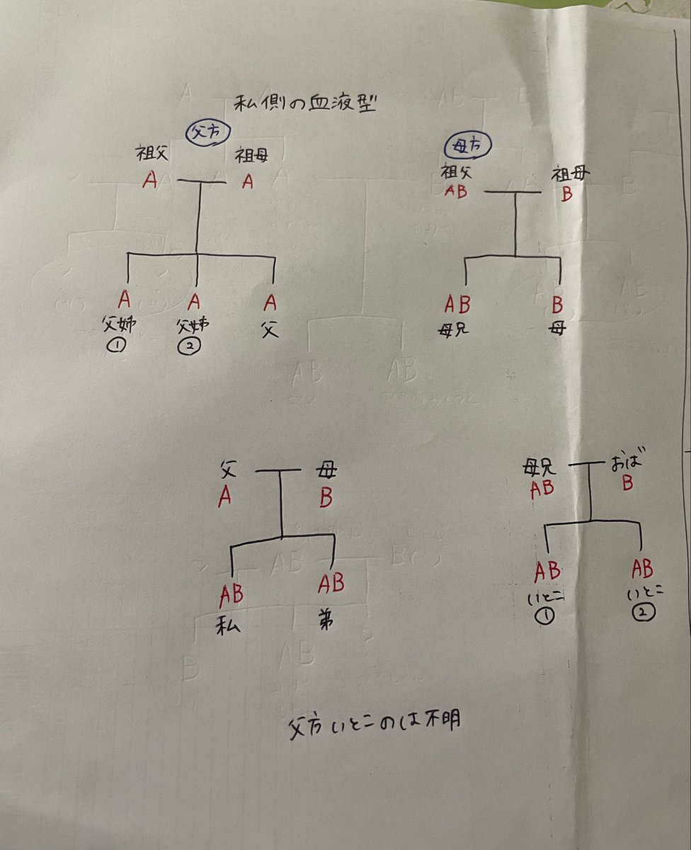 _3ay12_'s tweet photo. 私の親族の血液型知ってる範囲で書き起こしたけど、O型だけどっちにもいない。
父姉①の双子の娘(従姉妹)の血液型はわからないから実は居るかもしれないけど🤔
ちなみに我が娘は不明。旦那はB型。娘がAB型以外ならやっとO型に孫の代でやっと出会えるかもしれないくらいのレベル感なの笑う。 https://t.co/4OXYQszF9e