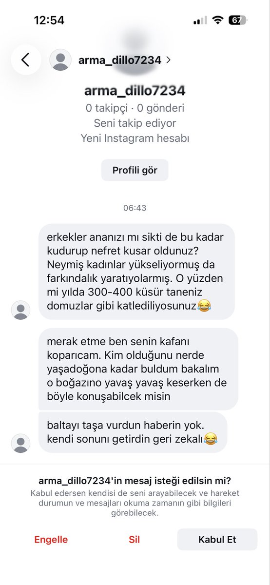 Beynalp's tweet photo. Bu şahıs sırf bana tehdit ve hakaret göndermek için hesap açmış, tek takip ettiği kişi de benim.Sebebi ise feminizm hakkında içerik paylaşmam. Kadın cinayetleri için “yılda 300-400 taneniz domuz gibi öldürülüyor” diyebilecek kadar insanlıktan uzak bir zihniyet. 
#feminizm #kadın https://t.co/F3NhmLL559