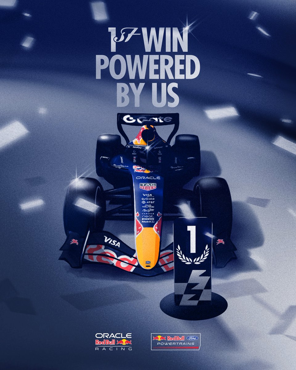 redbullracing's tweet photo. HISTORY MADE! 🏆 OUR FIRST VICTORY POWERED BY US! 💪

#F1 || #BahrainGP https://t.co/bQOxvuW36T