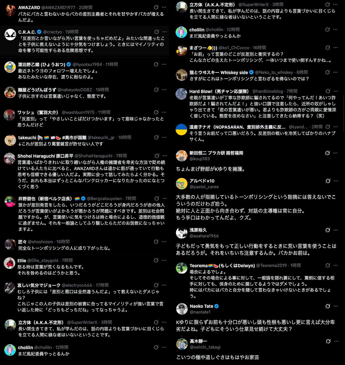 Hanapan8723's tweet photo. 右とか左とか、保守とかリベラル以前の問題

このアカウントの人が、特定の人に延々と

「お前」
「バカ」
「カス」
「ゴミ」
「頭も性格も悪い」

等々の暴言を吐いているのを見かねて「度が過ぎる」と注意をしたら、一斉に、いわゆる「ANTIFA」「路哲」「しばき隊」と言われている人たちが騒ぎ始めた。

スクショはその一部

え？なんか私間違ったこと言ってます？

トーンポリシング（言っている内容ではなく口調を非難することによる議論のすり替え）だ！という人も多いんだけど、その悪口を言われている先の人は、差別主義者でもなんでもない。

むしろその逆で、反差別、反ファシズムの人。
いわゆる世間的には「リベラル」「左翼」と言われる人だと思う。

ネタニヤフでもなければ、権力者でもない一般市民。

ただ、考え方が違うだけで、ここまでの暴言をぶつけることを私は批判しているんだが、それのどこがトーンポリシングなんだ？？？

普通に会話をすればいいだけなのに「バカ」「カス」「ゴミ」と延々と連呼する。

いや、注意するわ。
街中で見かけても注意するわ、そんなの。

で、それをしたらこの有様…。

だから私はプロフィールに「六四天安門」と「ANTIFA」と書いている人を信用しない。
私はどっちにも叩かれるので、この両者の言動がそっくりなことをよーーーく知っている。

党派性でしかものを考えられない人たちは、あっという間に自己正当化をし、自分たちにとっての異物を排除し、差別をする。

そして私も少し前までこれを知らずに「差別に反対している人だから」と度々、共感してしまっていた。

私は今でも差別には断固反対だし、トランプやネタニヤフなどのファシストを批判するし、自民党の国会や憲法を軽視しまくる政治にも反対する立場は一切変わらない。

それは変わらないが、こういう人たちに共感してしまっていたことを、ものすごく反省している。

人を敵味方に分ける熱狂的な仲間意識には近寄りたくない。