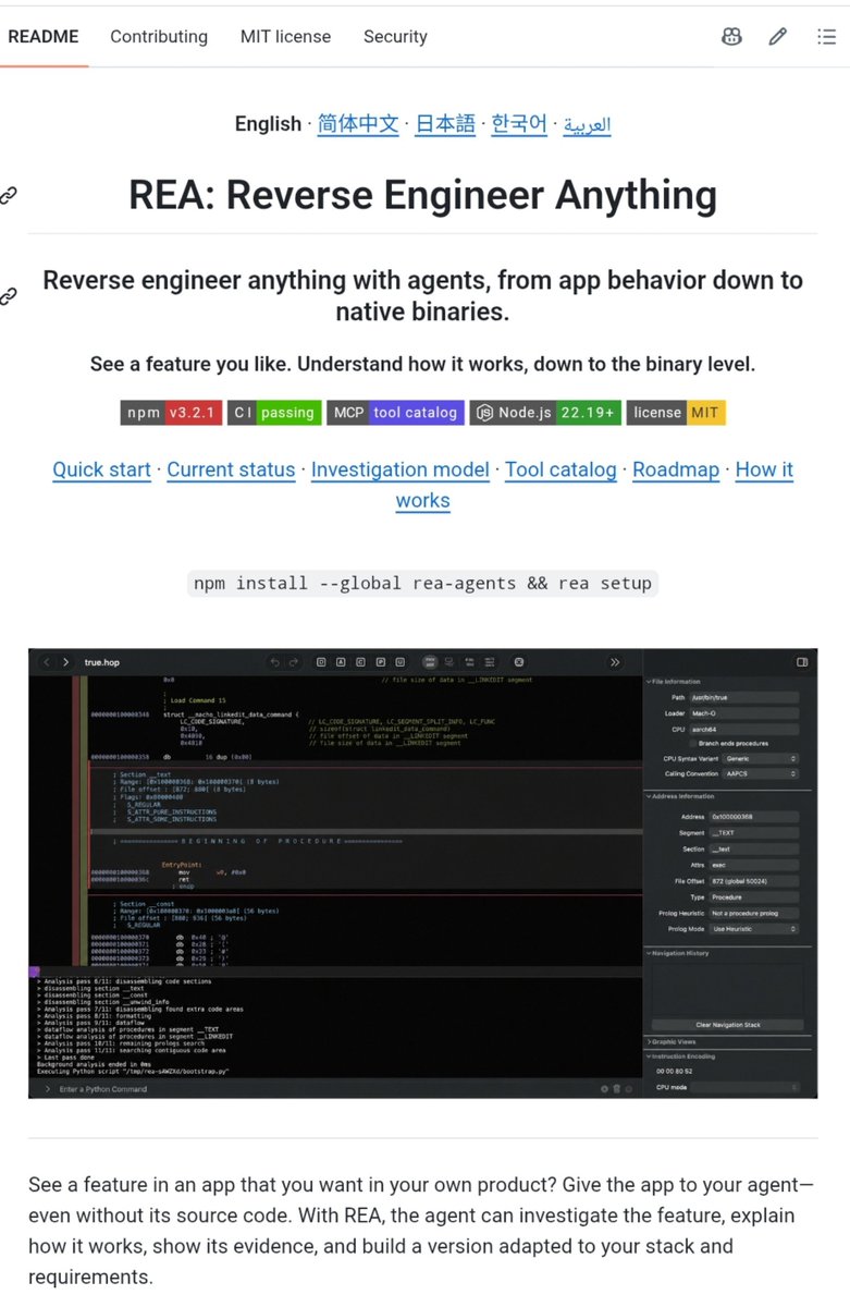 _vmlops's tweet photo. Want to know how a feature works in an app, down to the binary level...?

Meet REA (Reverse Engineer Anything) an open-source toolkit that brings reverse-engineering capabilities straight to your AI agent via MCP and CLI

🔹 Decompile apps & native binaries
🔹 Trace execution & inspect evidence
🔹 Recreate features for your own stack
