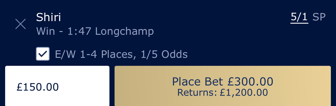 Ai_racingtips's tweet photo. Strong data bet
1.47 Longchamp 
SHIRI
⭐️ &amp;1/2 Each-Way at 5/1 Hills (4 places).

Won or placed in all four starts this term &amp; well drawn to reverse placing (2nd) with Naanas Shadow on last run. https://t.co/72IQ3LhkoB