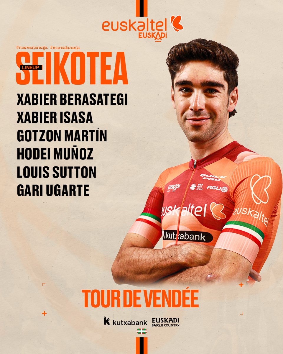 euskaltelteam's tweet photo. #TourDeVendee 🇫🇷
🧡 Saint-Jean-d'Hermine → Saint-Gilles-Croix-de-Vie 📏 198,2 km
🕐 13:20 🏁 ~17:54
Frantziako asteburuko bigarren hitzordua. Egurre!
Segunda cita del fin de semana en Francia. ¡A por ella!
📺 Eurosport https://t.co/HmoSXPEYnS
