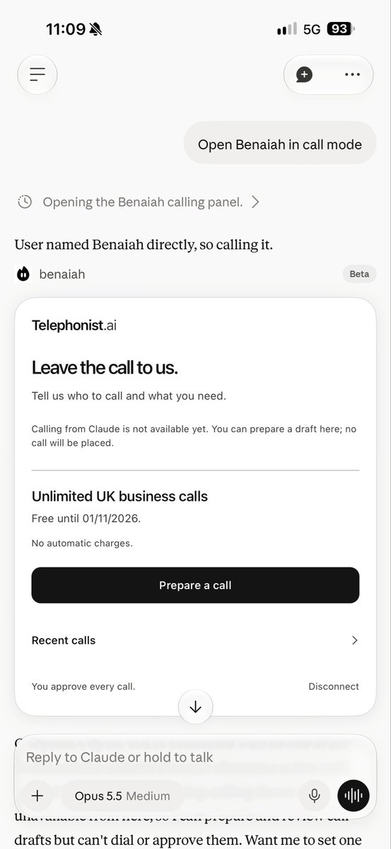 benaiahai's tweet photo. Claude is getting a phone.

Benaiah is live inside Claude. 

Phone calls coming soon. https://t.co/F3ikxZxH9z