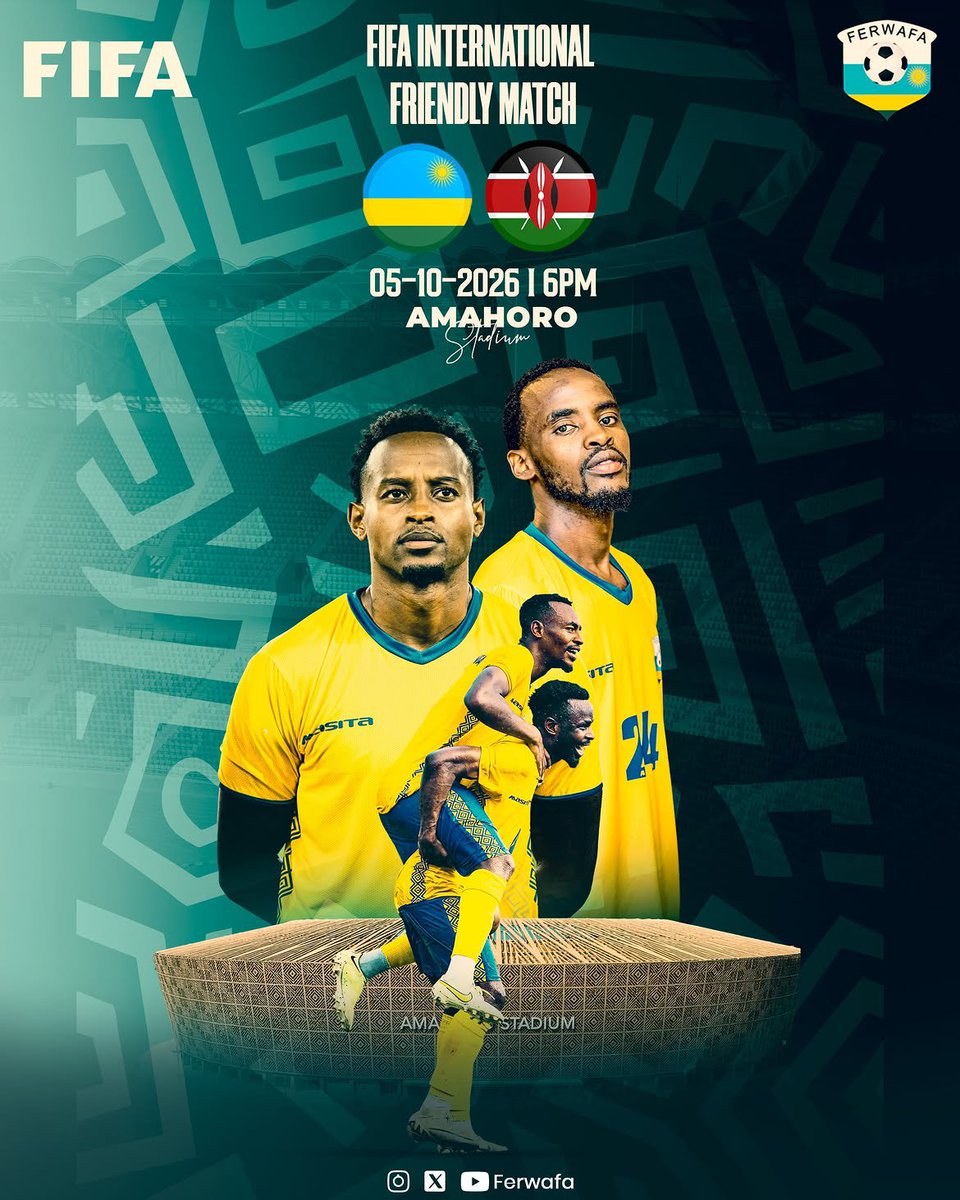 RwandaSport2day's tweet photo. Excitement is building as Rwanda takes on Kenya’s Harambee Stars in an international friendly at Amahoro Stadium, TOMORROW.

Grab your ticket and be part of the action!

🎟️: *9393*2# | https://t.co/lpYytxUTBR
📅 5 October 2026 | ⏰ 18:00
🏟️ Amahoro Stadium
🇷🇼 Rwanda 🆚 Kenya 🇰🇪 https://t.co/hh6Z46LfRY