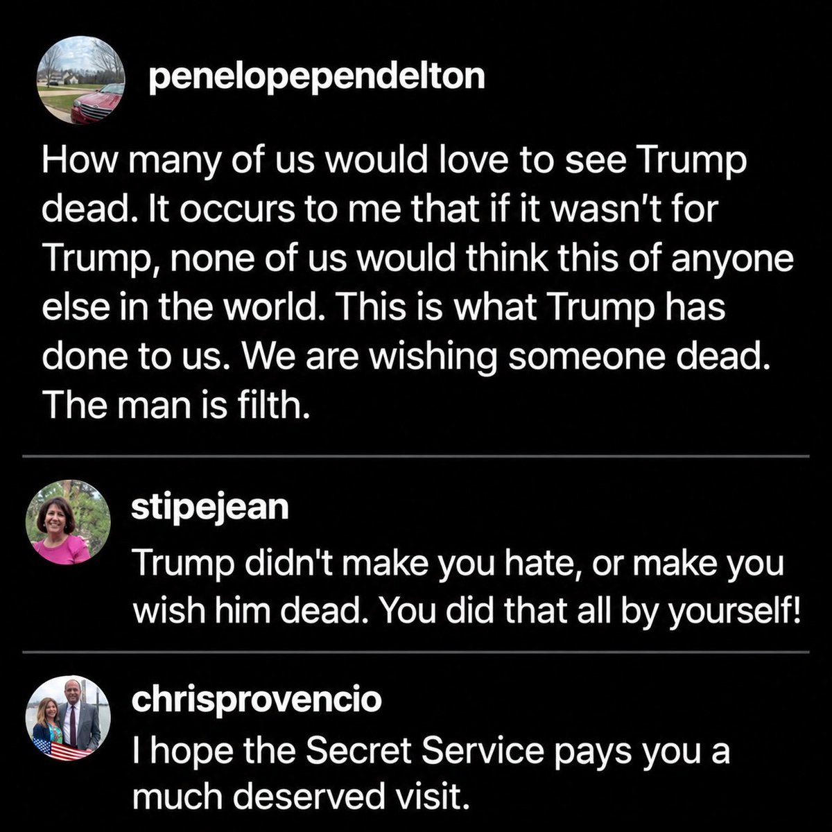 MikeBales's tweet photo. Imagine being so consumed by hatred that you wish Trump dead—and then blame HIM for your own ugliness. I see a man who loves this country. Liberals posting this stuff are so blinded by TDS they’ve lost all perspective. Your hatred is your responsibility. Own it. https://t.co/uvI2LEDxRn