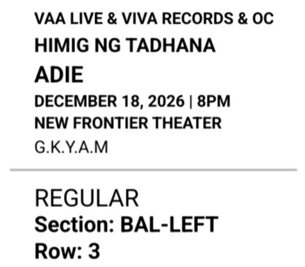 marihesel's tweet photo. wts lfb ph  

ADIE HIMIG NG TADHANA
BALCONY LEFT ROW 3
PHP 1,650(ticket price+ticketnet online fee)  

rfs: secured desired seat  
#Adie #HimigNgTadhana https://t.co/hBzeaEwDEX