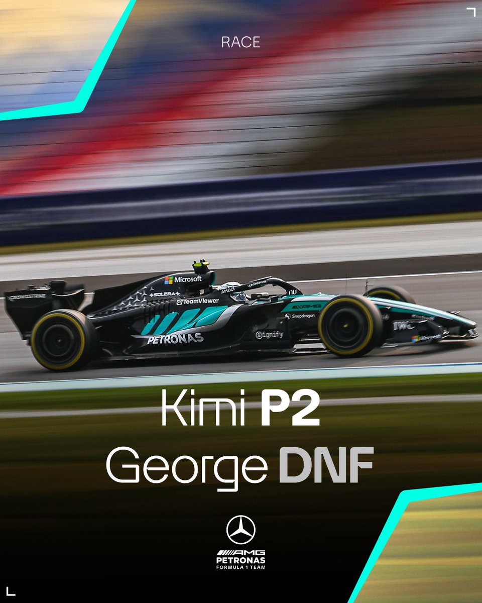 MercedesAMGF1's tweet photo. Kimi is P2 at Sepang. Cruel luck for George costs him a podium finish late in the Grand Prix https://t.co/53VZIHqHiT