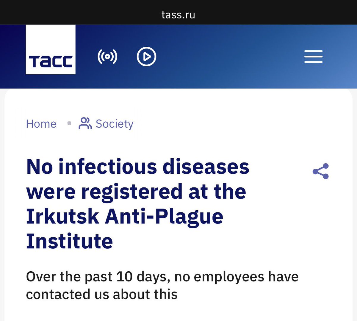 irkutskplague's tweet photo. The lab is claiming it’s not a lab leak:

“Rospotrebnadzor also reported that, based on the results of extensive studies, no microorganisms related to her professional activities were identified in the material from the sick employee of the institute.”

So - was it from sampling on an expedition, or is this a cover-up?

Link in comments.