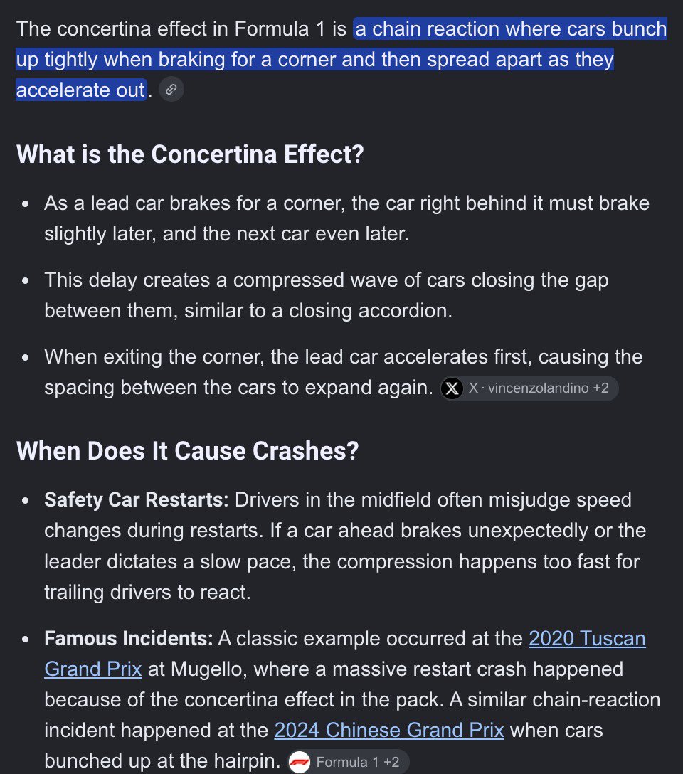 ln4norris's tweet photo. by the way, what happened to lando under safety car is called a concertina effect. 

it often causes crashes including under safety car restarts which is why lando avoided and went into the gravel instead. https://t.co/iU0OUjA8rH