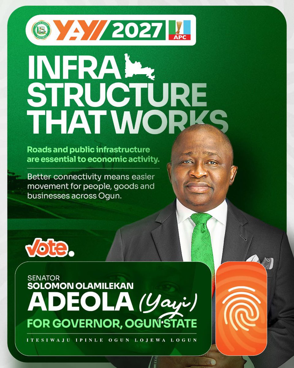 MrAdeolaAdeniyi's tweet photo. Senator @Sen_AdeolaYAYI vision for Ogun State in 2027 places emphasis on key areas of development, including:

🗣️Creating an enabling environment for businesses to thrive
🗣️ Attracting and supporting Foreign Direct Investment
🗣️ Expanding infrastructure and improving connectivity
🗣️ Strengthening agriculture and developing sustainable value chains
🗣️ Advancing inclusive economic opportunities across Ogun State

These priorities provide a basis for citizens to examine the candidate’s plans, record, experience and proposed approach to governance.

#YAYI4Governor #OgunState #Ogun2027