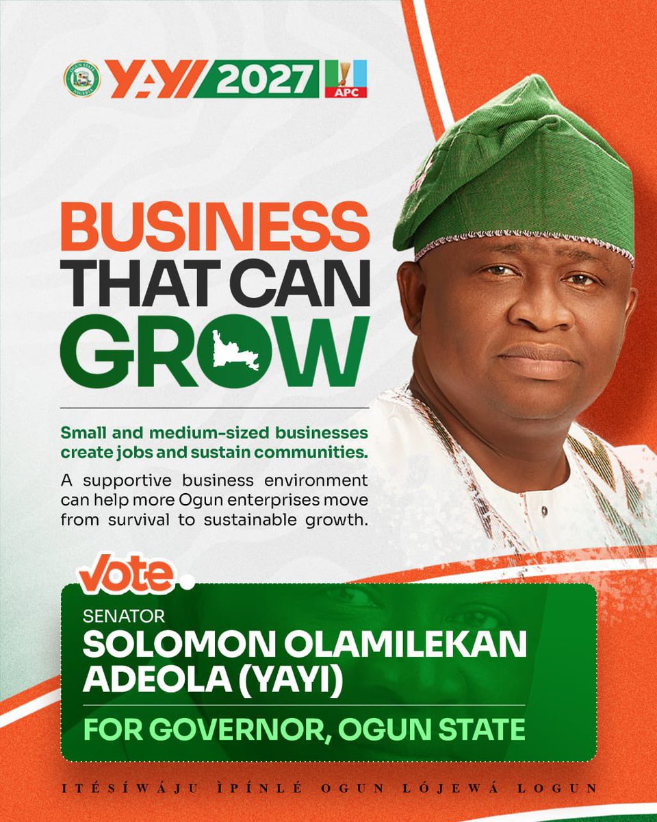 MrAdeolaAdeniyi's tweet photo. Senator @Sen_AdeolaYAYI vision for Ogun State in 2027 places emphasis on key areas of development, including:

🗣️Creating an enabling environment for businesses to thrive
🗣️ Attracting and supporting Foreign Direct Investment
🗣️ Expanding infrastructure and improving connectivity
🗣️ Strengthening agriculture and developing sustainable value chains
🗣️ Advancing inclusive economic opportunities across Ogun State

These priorities provide a basis for citizens to examine the candidate’s plans, record, experience and proposed approach to governance.

#YAYI4Governor #OgunState #Ogun2027