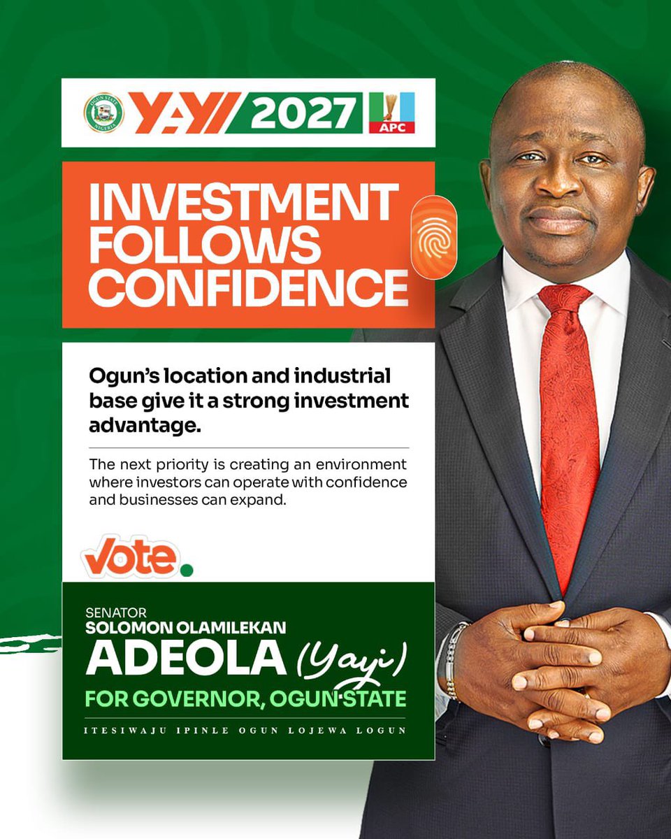 MrAdeolaAdeniyi's tweet photo. Senator @Sen_AdeolaYAYI vision for Ogun State in 2027 places emphasis on key areas of development, including:

🗣️Creating an enabling environment for businesses to thrive
🗣️ Attracting and supporting Foreign Direct Investment
🗣️ Expanding infrastructure and improving connectivity
🗣️ Strengthening agriculture and developing sustainable value chains
🗣️ Advancing inclusive economic opportunities across Ogun State

These priorities provide a basis for citizens to examine the candidate’s plans, record, experience and proposed approach to governance.

#YAYI4Governor #OgunState #Ogun2027
