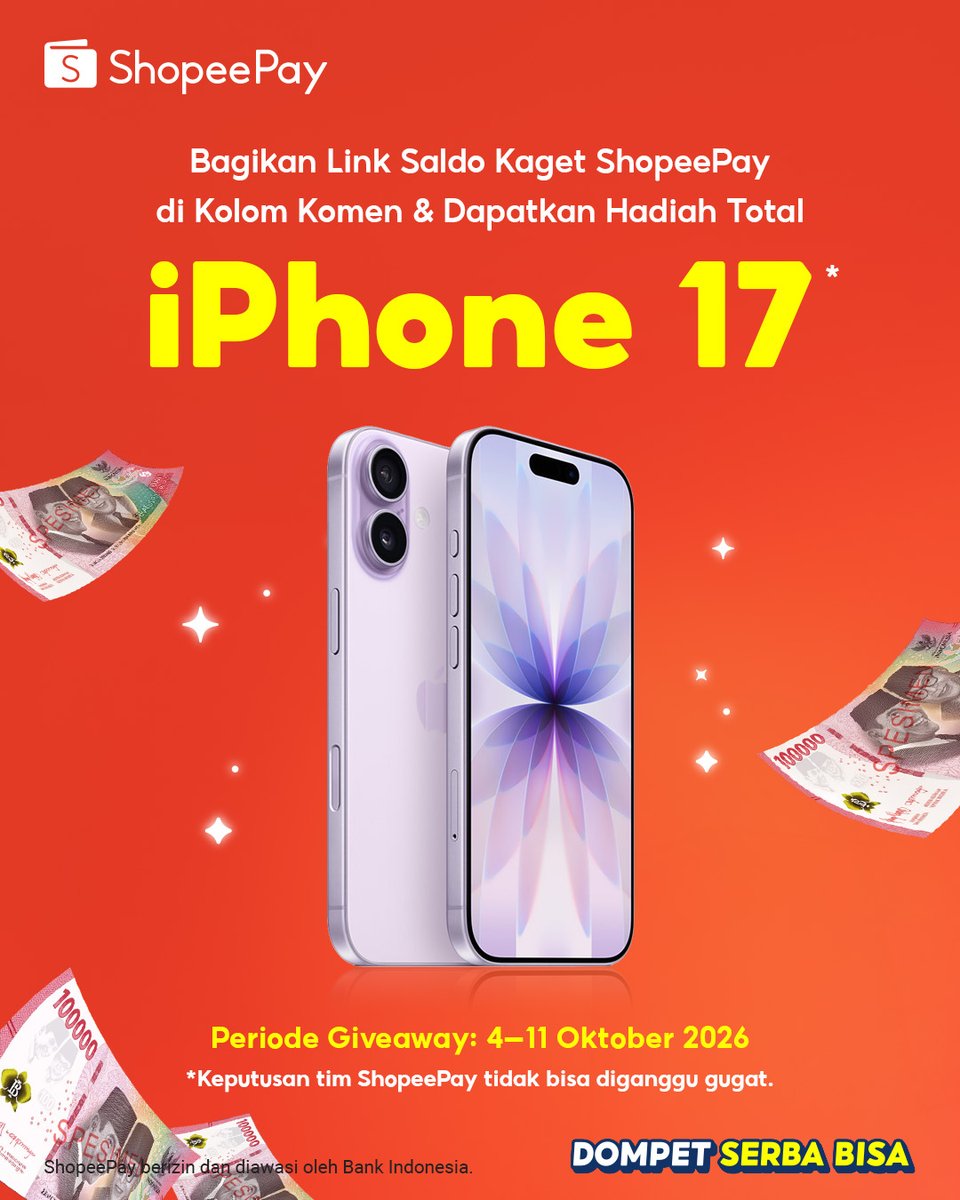 ShopeePay_ID's tweet photo. Buat link Saldo Kaget ShopeePay, bagikan di kolom komentar postingan ini dan dapatkan hadiah iPhone 17! 🥳

Yuk, cek cara ikutan giveaway-nya:
1. Wajib follow akun sosial media @shopeepay_id, repost + like postingan ini⁣⁣⁣
2. Wajib download aplikasi ShopeePay di App Store atau Play Store⁣⁣⁣
3. Buat link Saldo Kaget ShopeePay, bagikan di kolom komentar dan gunakan hashtag #SaldoKaget #SaldoKagetShopeePay
4. Periode giveaway: 4-11 Oktober
5. Keputusan pemilihan pemenang oleh tim ShopeePay tidak dapat diganggu gugat.⁣

Yuk, ikutan! Siapa tau kamu jadi pemenangnya~ #ShopeePay #AplikasiShopeePay #DompetSerbaBisa